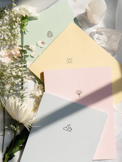 blue, pink, yellow, and green pastel notebooks spread on white background, surrounded by white flowers and white crystals
