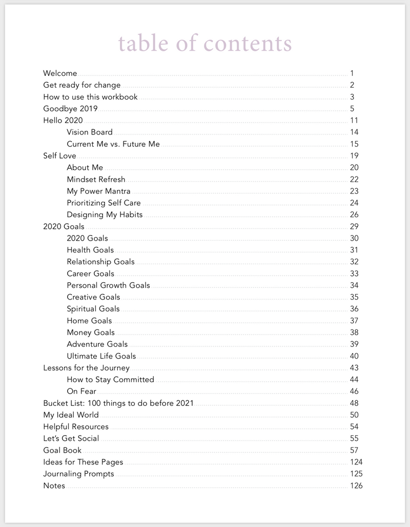 table of contents of artist of life workbook
